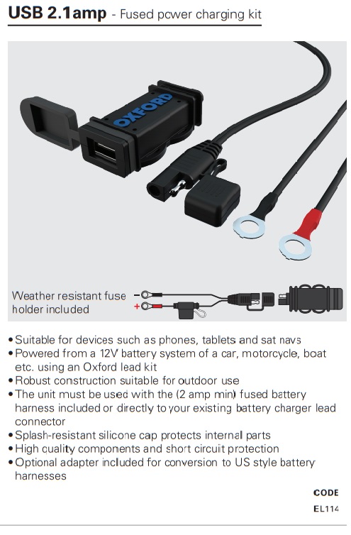 Oxford USB 2.1amp fused power charger kit